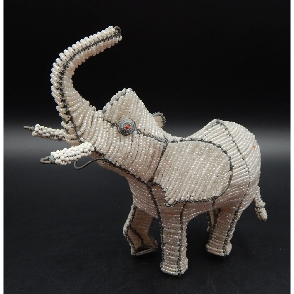 Pearlized Beaded Elephant Sculpture South African Artisan Trunk Up Handmade